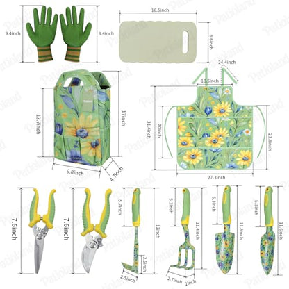 10 Piece Garden Tools Set, Gardening Hand Tools Kit with Heavy Duty Rust-Proof Aluminum Tools, Organizer Tote Bag, Apron, Gloves & Kneeling Pad, Ideal Gardening Gifts for Women, Mom, Grandma & Wife - color: green floral-10pcs