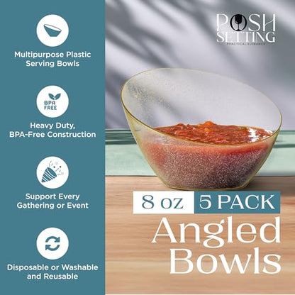 5 Pack Gold Angled Plastic Serving Bowl Disposable for Party Table 8oz | Angled Bowl Design Chip, Candy, Salad & Fruit Use Disposable Party Tableware Buffet & Wedding Serving Gold Plastic - color: Gold Glitter, size: Small 8 OZ