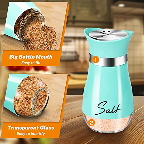 Salt and Pepper Shakers - 2-Piece 4 oz Cyan-Blue Glass Set with Steel Lids | Refillable Glass Shakers with Stainless Steel Lids for Cooking, Dining, RV Trips, Camping and BBQs; 4 oz Capacity Each. - color: Cyan-Blue