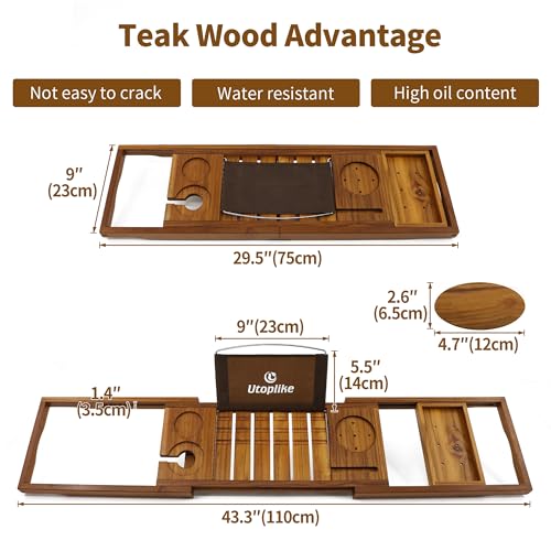 Utoplike Teak Bathtub Caddy, Expandable Bath Table Tray for Tub | Solid Wooden Bathtub Organizer with Book Tablet, Wine Glass Cup, Towel Holder, Adjustable