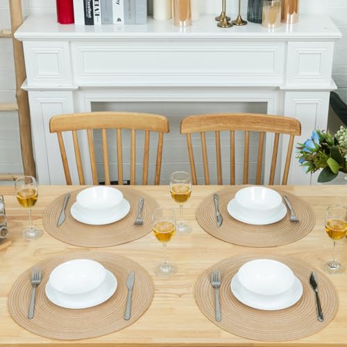 Winknowl Round Braided Placemats Set of 4 Washable Woven Heat Resistant Table Mats for Kitchen Dining Tables 15 inch Round Place Mats (Beige,4) - color: Beige, size: 4pcs