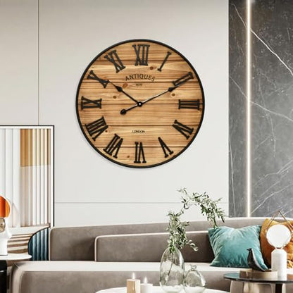24 Inch Farmhouse Wall Clock - Antique Rustic Wood Finish, Silent Battery-Operated Timepiece with Stylish Decor for Home, Office, Kitchen, Bedroom & Living Room - size: 24 Inch