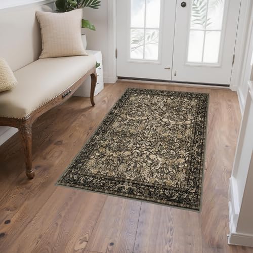 Brown 3x4 Rugs for Entryway Non-Slip: Vintage Area Rugs for Kitchen Bathroom Bedroom - Machine Washable Stain-Resistant Durable Thin Small Carpet - Floral Aesthetic Design - color: Brown and Gold, size: 3' x 4' (Rectangular)