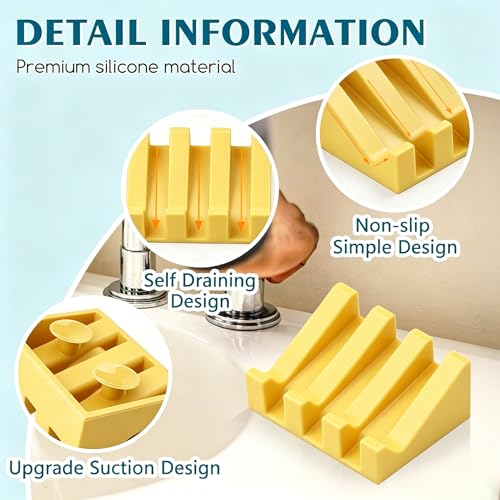 Silicone Soap Dish Self Draining with Suction Cups (Yellow,1 Pack) | Waterfall drainage design drains fast to keep soap dry silicone soap saver with reusable suction cups for bathroom & kitchen - color: Yellow, size: 1