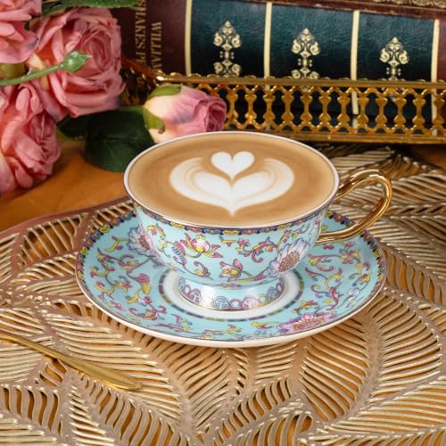 KAMMAK Tea Cups and Saucers Set of 2, Porcelain Coffee Cups, JBE021 | Stackable Espresso Mugs, Ceramic Demitasse for Coffee, Cappuccino, Latte, Americano, Tea - size: 8CZJBE021