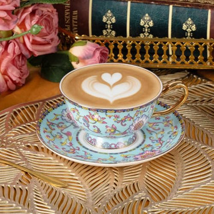 KAMMAK Tea Cups and Saucers Set of 2, Porcelain Coffee Cups, JBE021 | Stackable Espresso Mugs, Ceramic Demitasse for Coffee, Cappuccino, Latte, Americano, Tea - size: 8CZJBE021