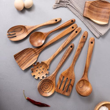 11 Pcs Acacia Wood Kitchen Utensils Set with Storage Holder, Handcrafted Natural Wooden Cooking Tools, Gentle for Non-Stick Cookware, Farmhouse Kitchen Decor & Ideal Housewarming Gift Style-D