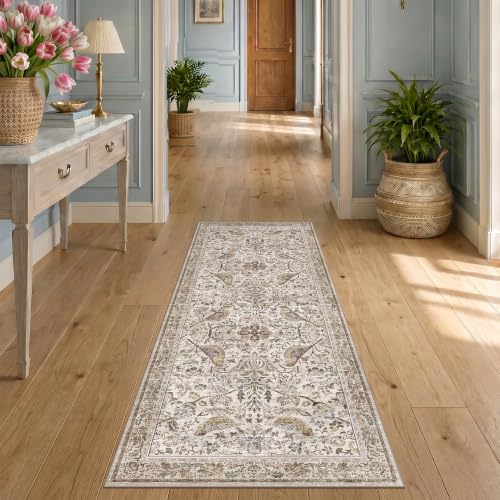 Vintage 2x6 Washable Runner Rugs for Kitchen, Bedside Rug for Bedroom, Entryway, Hallway, Non Slip Moss Bathroom Carpet, Traditional Home Décor with Floral Bird Pattern (Moss) - color: Moss Green, size: 2' x 6' (Runner)