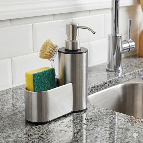 Kitchen Soap Dispenser with Sponge Holder, 12 oz | Dish Soap Dispenser for Kitchen Sink Countertop, Hand Soap Dispenser Bathroom, Stainless Steel Pump
