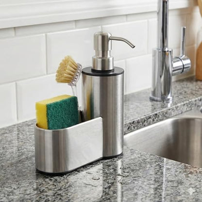 Kitchen Soap Dispenser with Sponge Holder, 12 oz | Dish Soap Dispenser for Kitchen Sink Countertop, Hand Soap Dispenser Bathroom, Stainless Steel Pump