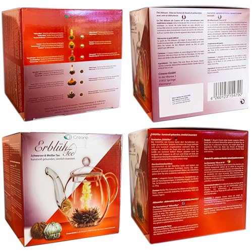 Creano Blooming Tea Gift Set with Glass Pot 17oz/500ml with 6 Flowering-Tea each 3pcs White & Black Tea