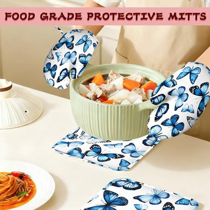 Blue Butterfly Heat-Resistant Silicone Oven Mitts and Pot Holder 4 Piece Set,Non-Slip Kitchen Oven Gloves for Baking, BBQ, Cooking,Grilling - color: Blue Butterfly