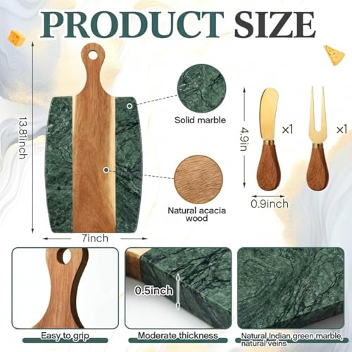 Green Marble Cutting Board Marble and Wood Charcuterie Board Gift Set House Warming Gifts New Home with Cheese Knives Acacia Cheese Platter with Handle for Valentine's Day Wedding Party Gift(Square) - style: Square