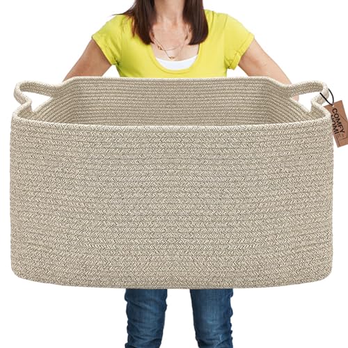 COMFY-HOMI Large Rectangular Blanket, Cotton Rope Woven for Storage, LaundryHamper, Storage,Toy Organizing Bin with Handle, Organizer and Storage-22x15x12- - color: All Brown, size: 22''x15''x12''