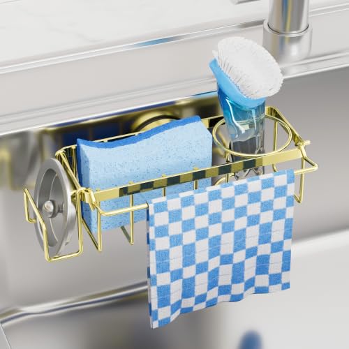 TAILI 4-in-1 Sink Caddy for Kitchen Sink with Strong Suction Cup-Gold | Removable Sponge Holder for Kitchen Sink Organizer, Rustproof 304 Stainless Steel Holder for Sponge, Brush, Scrubber, Scraper - color: Gold, size: 7.28" x 2.36"