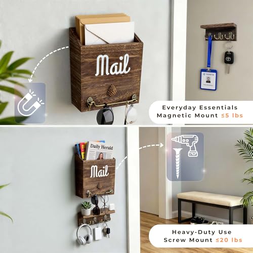 eBun Narrow Wood Mail Holder with 6 Key Hooks | Wall Mount, No-Drill Magnetic, Vertical Mail Slot, Entryway Decor - color: 1-pack Mail