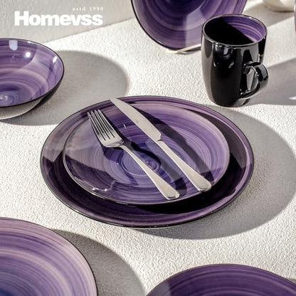 HomeVss Sonoma 16-Piece Dinnerware Set - Serves 4, Black and Speckled Purple Plates & Bowls Set | Microwave & Dishwasher Safe, Spinwash Purple - color: Purple