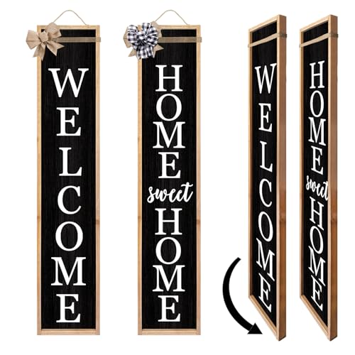 TQianJiang Outdoor 2in1 Welcome Sign for Front Porch Standing 45"X9" Wood | Long Vertical Leaner Tall, Wood Framed, Modern Rustic Farmhouse, Home Home Sweet Home Signs Front Outside Door - color: 2in1 Welcome (Wood Black)