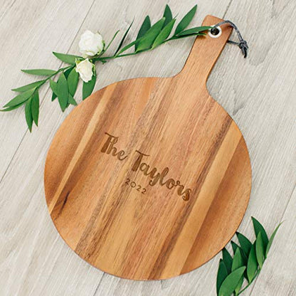 Weddingstar Personalized Wooden Round Cutting Board or Serving Board with Handle 12" x 16.5" - Retro Script Etching - color: Retro Script, size: 16.5"L x 12"W