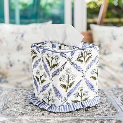 Blue Striped Ruffles Fabric Tissue Box Cover - Floral Print Tissue Box & Decorative Square Napkin Holder Handmade Cotton for Home Bedroom Vanity Countertop Night Stands Office - style: Striped Ruffles