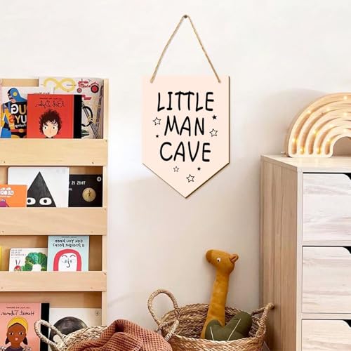 Little Man Cave Wooden Hanging Sign Boys Nursery Wall Decor Rustic Flag-Shaped Wood Kids Pennant Flag Wall Art Plaque Door Hanger for Toddler Bedroom Playroom Boy Room Wall Decoration - color: Banner Cave