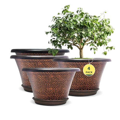 Quarut 12 Inch Pots for Plants,4 Pack Large Flower Pots with Drainage Hole | Modern Planters for Indoor Outdoor Plants,Decorative Resin Garden Pots with Saucer,Brown - color: Diamond Pattern-brown, size: 12 inch-4 Pack