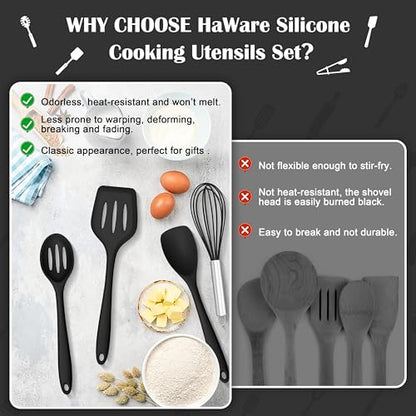 HaWare 14 PCS Silicone Cooking Utensils Set, Kitchen Utensils, Black - color: Black