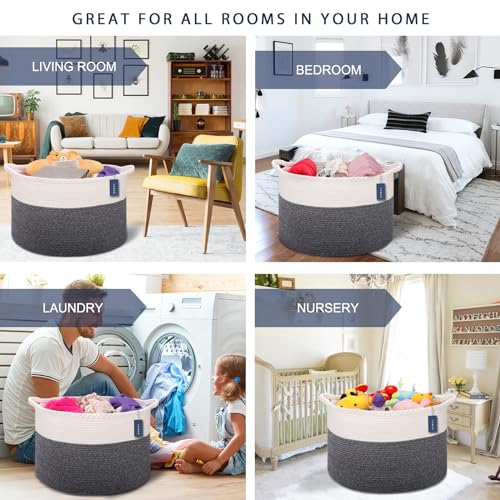 COMSE XXXLarge Woven Blanket & Laundry Basket, 87L, White & Black | 21.7" x 13.8", Cotton Rope, Nursery Hamper for Storage of Toys Clothes Towels, Ideal for Living Room Bedroom Bathroom - color: White & Black