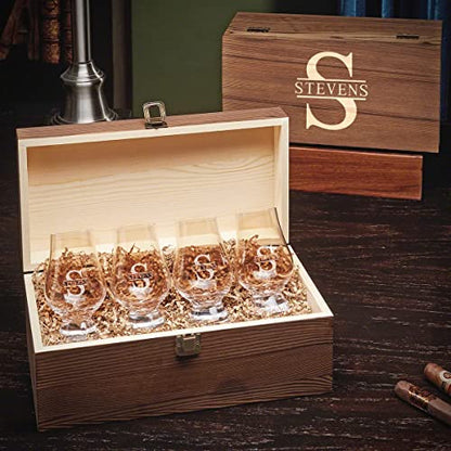 Personalized Glencairn Whiskey Glass Gift Set with Wooden Box – Set of 4 Engraved 6 oz Glencairn Bourbon & Scotch Tasting Glasses, Custom Whiskey Lover Gift for Dad, Husband & Collectors - style: Brown Box Set