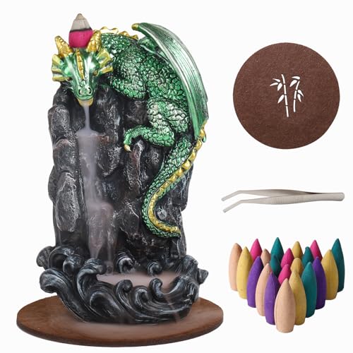 Dragon Backflow Incense Holder Waterfall Incense Burner, with 100 Backflow Incense Cones,1 Mat,1 Tweezers，Aromatherapy Ornamental for Home Office Yoga （Green Dragon） - color: Green