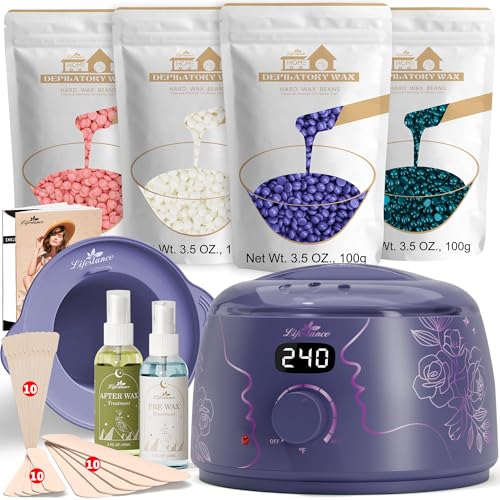 Lifestance Waxing Kit for Women & Men - L3 Amethyst Trace Digital Warmer, Silicone Wax Pot Liner, Hair Removal with 14.1oz Hard Wax Beads & Oil Spray, Professional for Home Brazilian Bikini Face Leg - color: Chic Enhanced LCD (Amethyst Trace) Kit