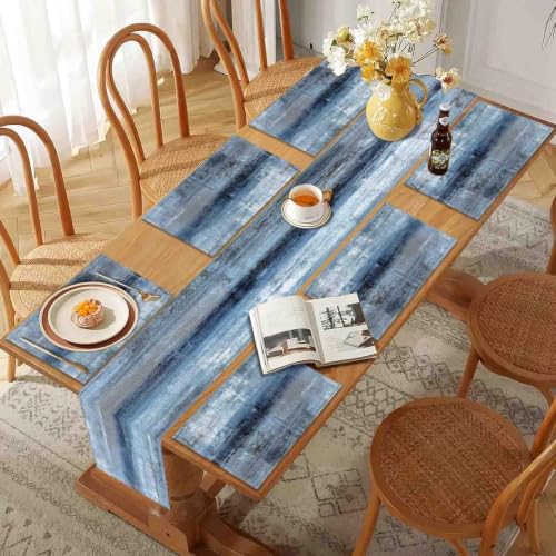 Mcalk Dark Blue Table Runner and Placemats Set of 6 Pieces, Blue Placemat, Cloth Place Mats Indoor for Kitchen, Washable Abstract Placemats Linen Material for Dining Table - color: 01dark Blue