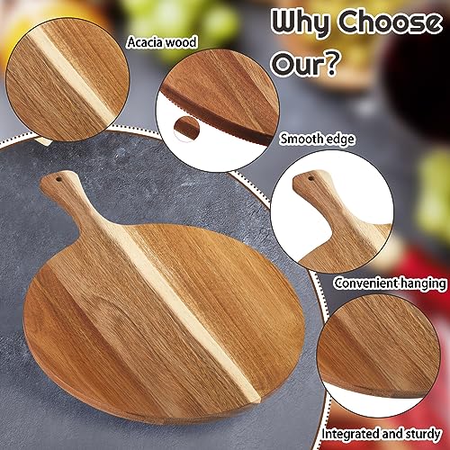 Sliner 6 Pcs Acacia Wood Round Cutting Board Pizza Paddle,12 X 16 Inch | 0.6" Thick Wood Boards with Handle, Charcuterie Serving for Cheese Meat Fruit Party, Chopping Paddle Kitchen Bulk Gift - size: 12 x 16 Inch