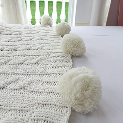 Chenille Chunky Knitted Throw Blanket with 14pcs Pom Poms Tassel Super Soft Cozy Warm Blanket for Sofa Bed Soft Couch 50 x60 inches (White)?-¡­ - color: Pom-pom-white, size: Throw 50"X60"