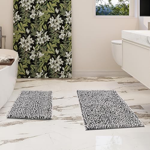 Chenille Bathroom Rugs Set 2 Piece, Absorbent Bath Rugs, Non-Slip Bath Mats, Machine Washable Rugs for Bathroom Floor, Tub and Shower, Gray&White (20 × 30 Plus 17 ×24 - Inch) - color: Gray & White