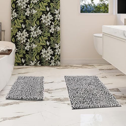 Chenille Bathroom Rugs Set 2 Piece, Absorbent Bath Rugs, Non-Slip Bath Mats, Machine Washable Rugs for Bathroom Floor, Tub and Shower, Gray&White (20 × 30 Plus 17 ×24 - Inch) - color: Gray & White