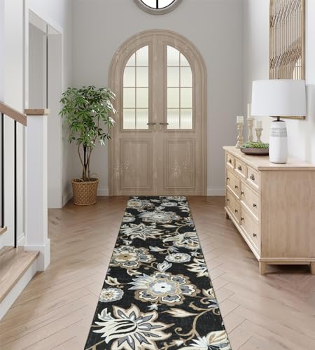 Lahome Floral Black Runner Rug - 2x8 Kitchen Runners Non Skid Washable 8 Ft Non-Slip Stain Resistant Long Runner Rugs for Hallway, Paisley Print Accent Ultra-Thin Runners for Bedroom Entryway Foyer | Non-Slip Stain Resistant Long Runner Rug for Hallway, P