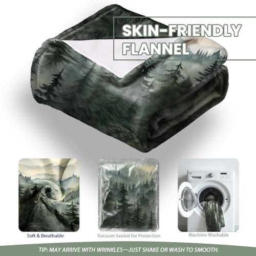 Sage Green Forest Throw Blanket, 50x60 in | for Nature Mountain, Cabin Tree Flannel Blankets, for Couch Bed Living Room Sofa, Decorative Patterned, Super Soft Cozy - size: 50"W x 60"L