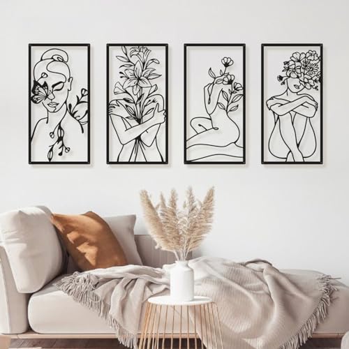 Bakovity Black Metal Wall Art, Abstract Woman Wall Decor, Minimalist Flower Line Decor, Modern Aesthetic Metal Wall Art for Bedroom Bathroom Living Room (4 Pcs, 17 x 9 in) - color: Black Flower