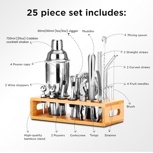 Mixology Bartender Kit with Japanese Jigger & Bamboo Stand - 25 Piece Stainless Steel Cocktail Making Set, Shaker, Strainer, Mixer, Spoon, Muddler, Barware Tools - Birthday Gifts & Anniversary