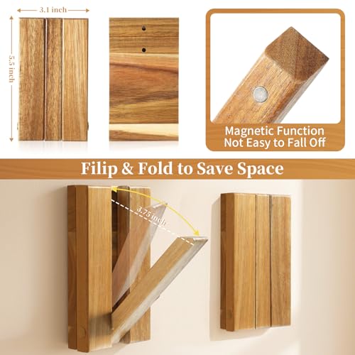 2 Pcs Folding Wall Hooks, Vintage Wooden Wall Hooks Heavy Duty for Hanging Hats, Towels & Bags – Space-Saving Sleek Design, Blending Modern & Rustic Styles
