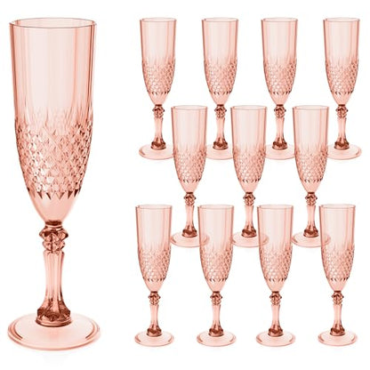 12 Pack Plastic Champagne Flutes, Rose Gold Reusable Champagne Glass | Unbreakable Hard Plastic Mimosa Cups Bulk with Stem, Fancy Stemware for Wedding, Party & NYE Celebration - color: Rose Gold