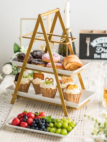 YHOSSEUN 3 Tier Serving Tray, 10+12+14 Inch Serving Platters and Tray, Gold | Porcelain Tiered Tray Stand, 3 Tiered Serving Stand Dessert Stands Treat Table Display Set with Collapsible Sturdier Rack - color: D-Gold Stand, size: 10+12+14 Inches
