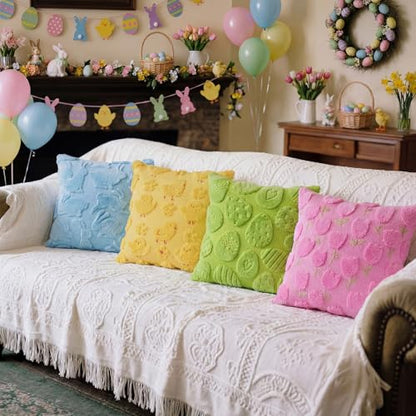 Tiamon 4 Pcs Easter Throw Pillow Covers 18 x 18 Inch 3D Embroidered Plush Easter Egg Bunny Chick Tulip Pillow Cases Colorful Fluffy Faux Fur Cushion Covers Gifts for Spring Party Sofa Couch Birthday - style: Easter