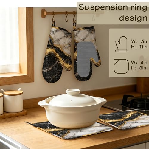 Black White Gold Flowing Marble Oven Mitts and Pot Holders Sets Silicone Kitchen Mitts Potholders Heat Resistant 4Pcs Oven Gloves Hot Pads for Kitchen Baking Cooking - color: Black White Gold Flowing Marble