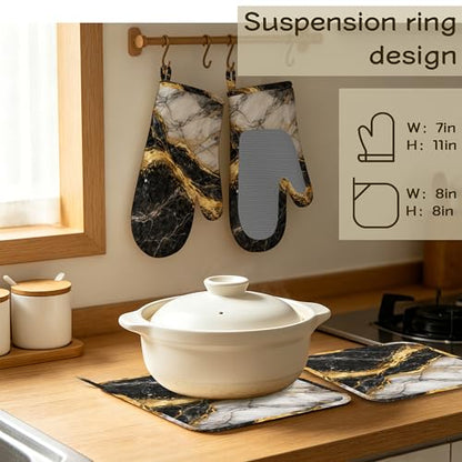 Black White Gold Flowing Marble Oven Mitts and Pot Holders Sets Silicone Kitchen Mitts Potholders Heat Resistant 4Pcs Oven Gloves Hot Pads for Kitchen Baking Cooking - color: Black White Gold Flowing Marble