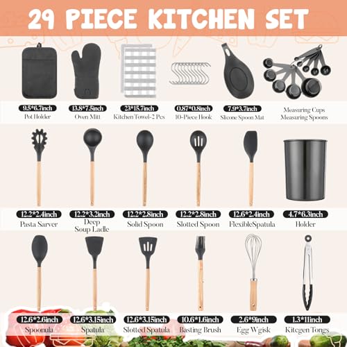 37 Pcs Oven Mitts and Pot Holders with Silicone Kitchen Utensils Set Silicone Cooking Utensils Set with Holder, Kitchen Towels, Heat Resistant Gloves for Christmas Baking Cooking(Dark Gray)