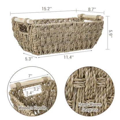 MyGift Hand-Woven Seagrass Bathroom Hand Towel Holder Basket with Wooden Handle, Rustic Countertop Storage Organizer for Towels & Toiletries