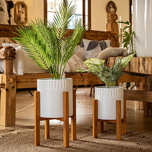 2-Piece White Metal Planter Set with Wood Stand, Indoor Mid Century Modern Planters with Drainage, 8" & 10" | Planter with Drainage Hole, Elevated Wooden Holder, Indoor Home Decor for Snake Plants, Pothos and Large Houseplants