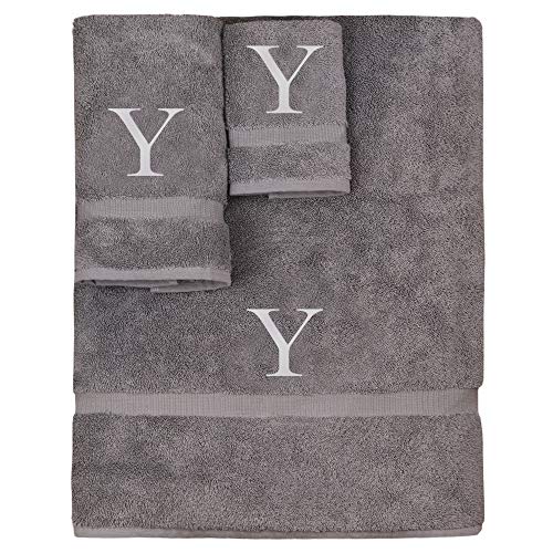 Monogrammed Towel Set, Personalized Gift, Set of 3- Silver Block Letter Embroidered Towel - Extra Absorbent 100% Turkish Cotton - Soft Terry Finish - Initial Y Gray - color: Gray & Silver, size: Initial - Y